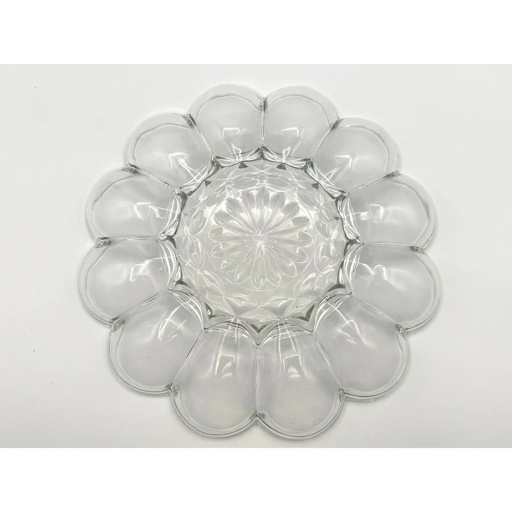 Vintage Anchor Hocking Deviled Egg Plate 10 Inch Clear Glass Scalloped Starburst